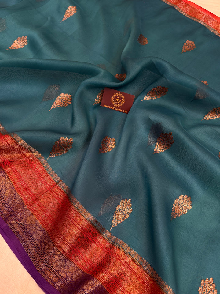 Rama Blue Pure Kora Silk Handloom Banarasi Saree