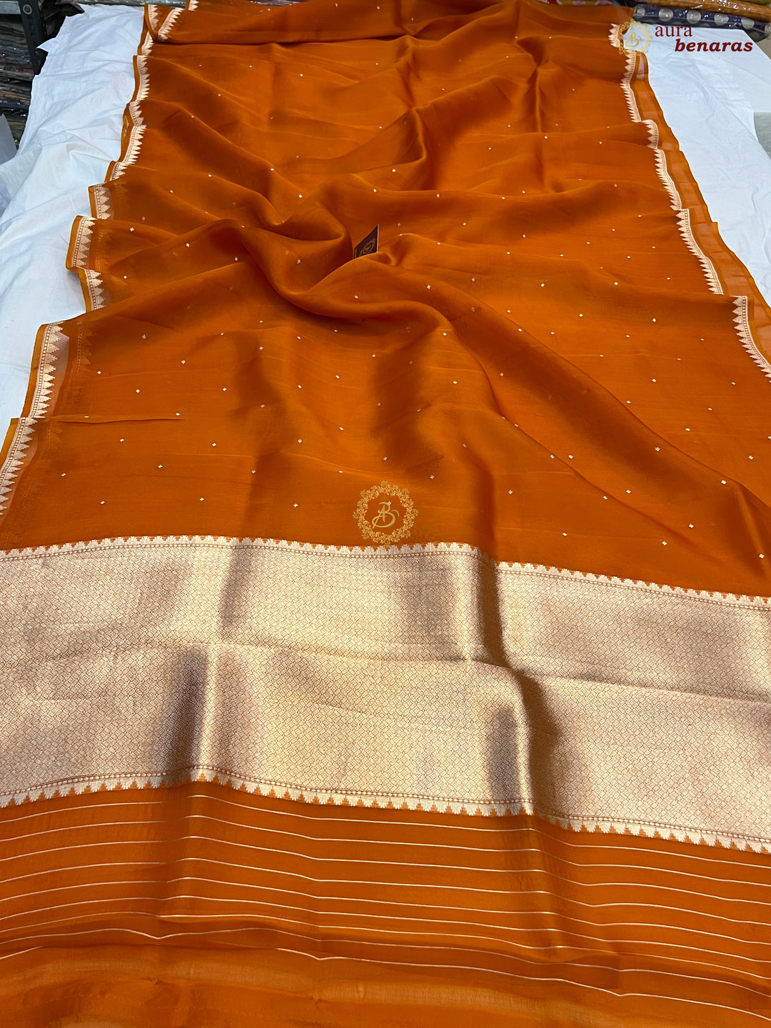 Rust Orange Kora Silk Banarasi Saree with Zari Butis & Border