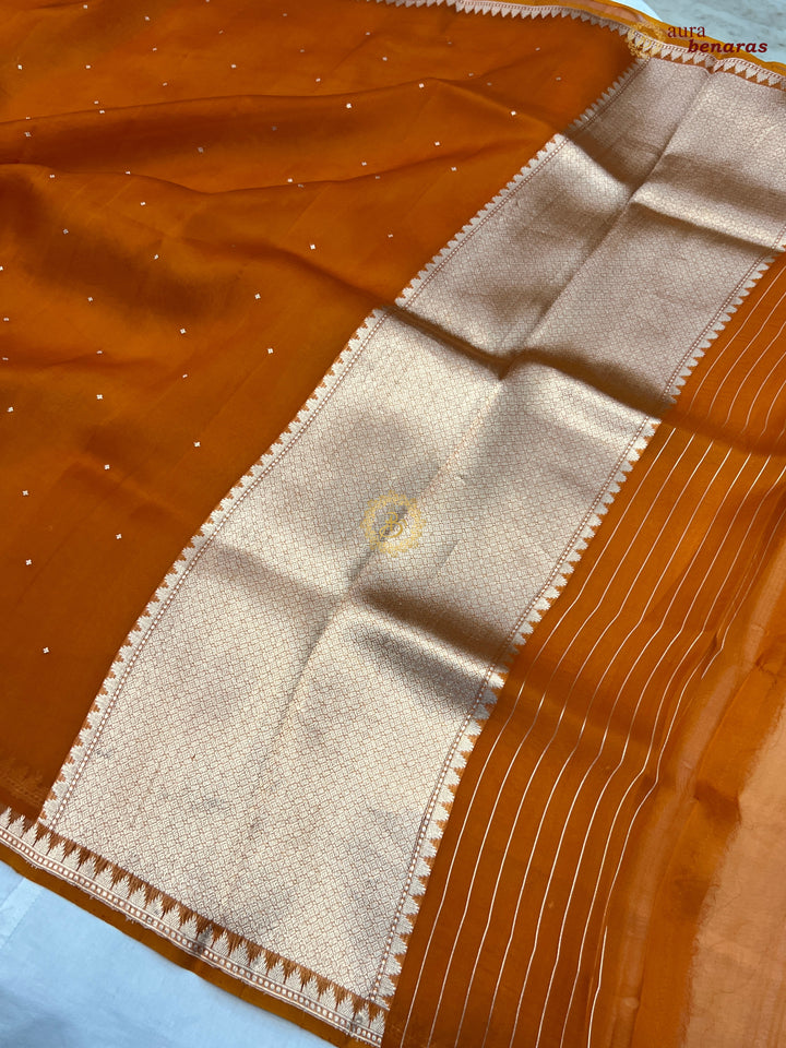 Rust Orange Kora Silk Banarasi Saree with Zari Butis & Border