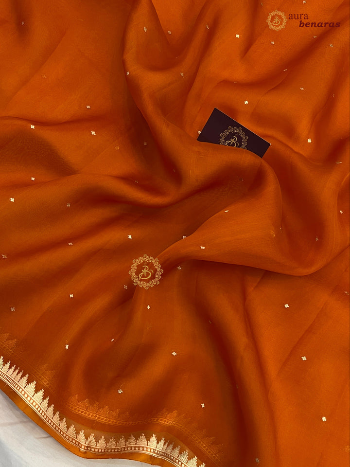 Rust Orange Kora Silk Banarasi Saree with Zari Butis & Border