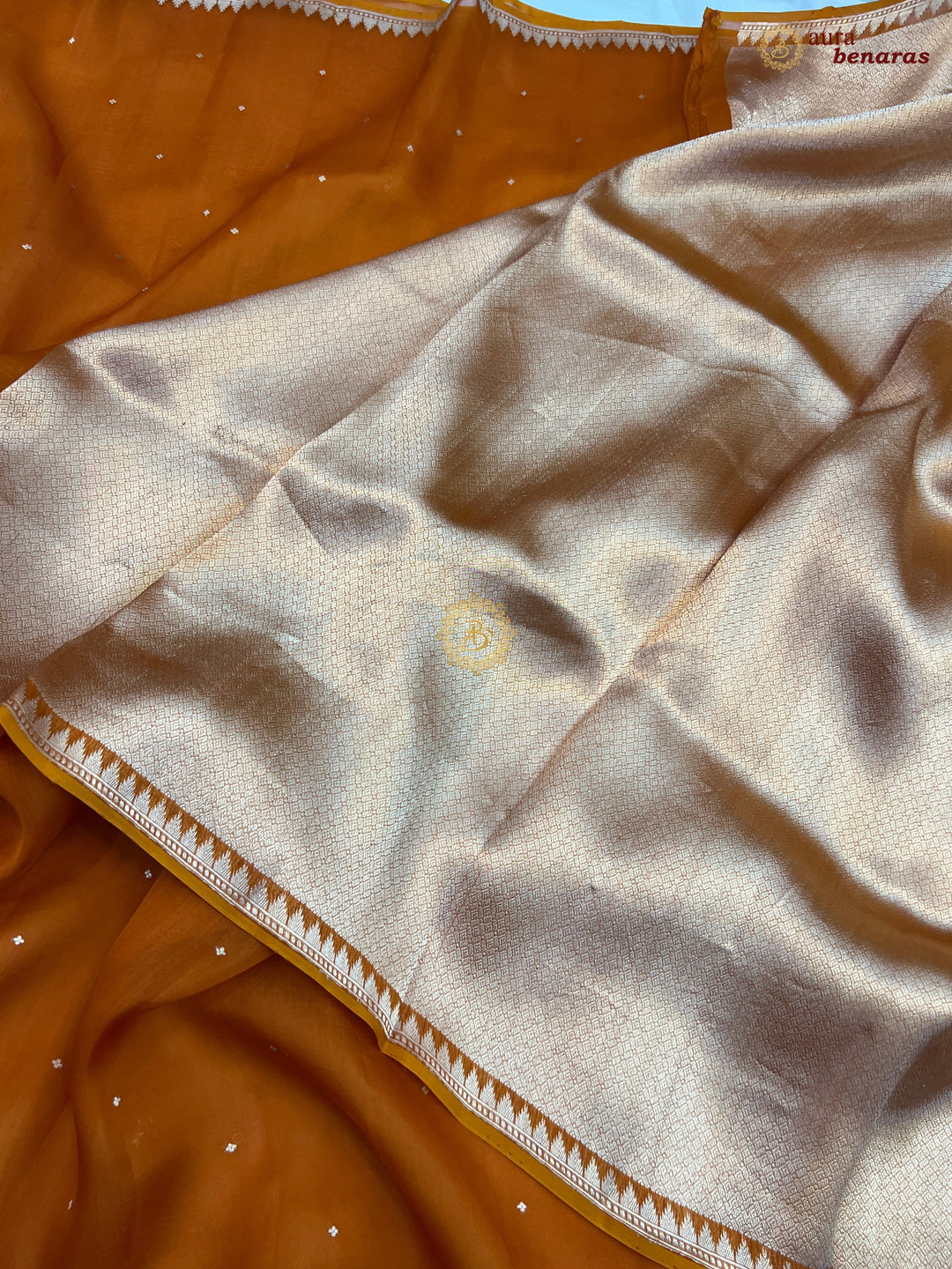 Rust Orange Kora Silk Banarasi Saree with Zari Butis & Border