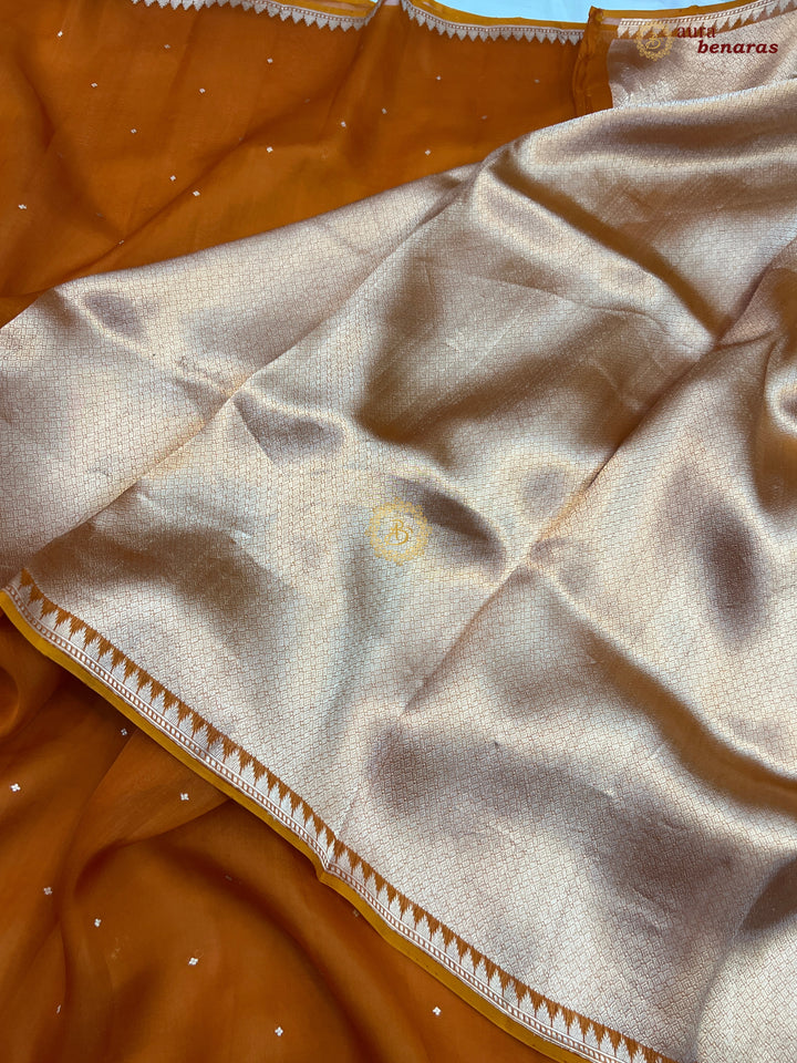 Rust Orange Kora Silk Banarasi Saree with Zari Butis & Border