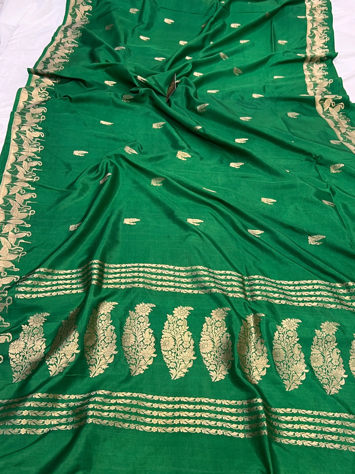 Bottle Green Pure Katan Silk Handloom Banarasi Saree