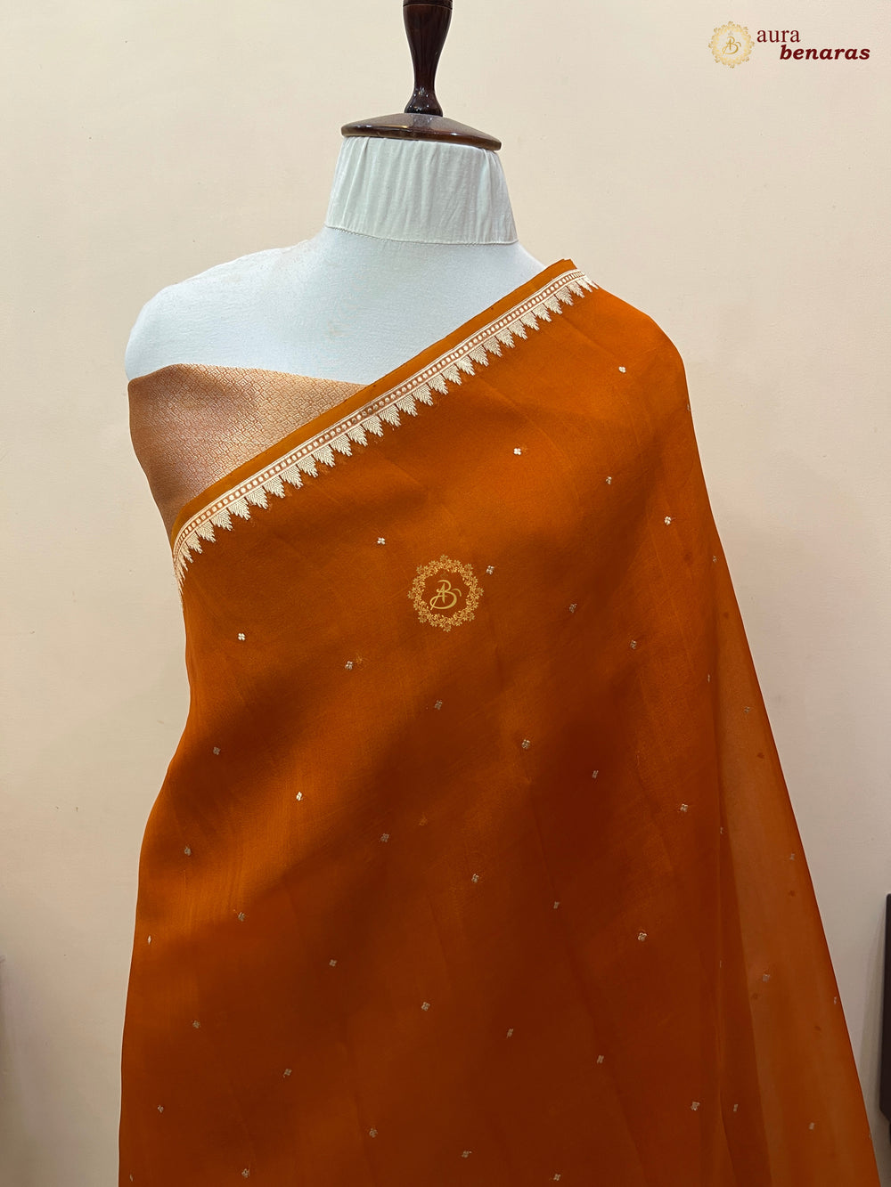 Rust Orange Kora Silk Banarasi Saree with Zari Butis & Border