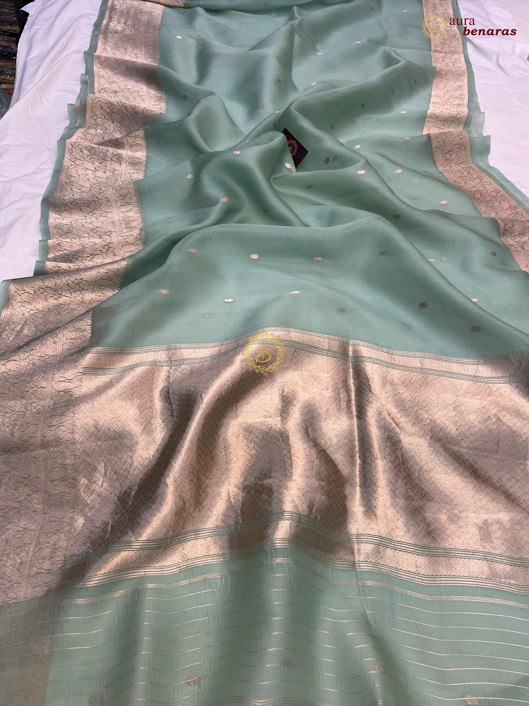 Sage Green Pure Kora Silk Handloom Banarasi Saree