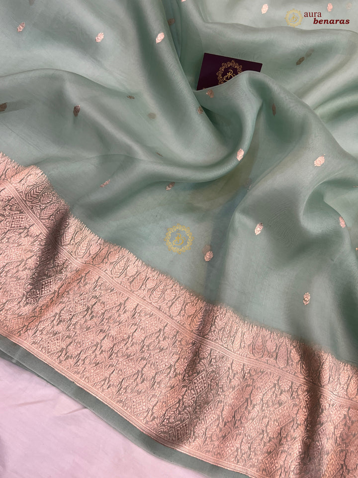 Sage Green Pure Kora Silk Handloom Banarasi Saree