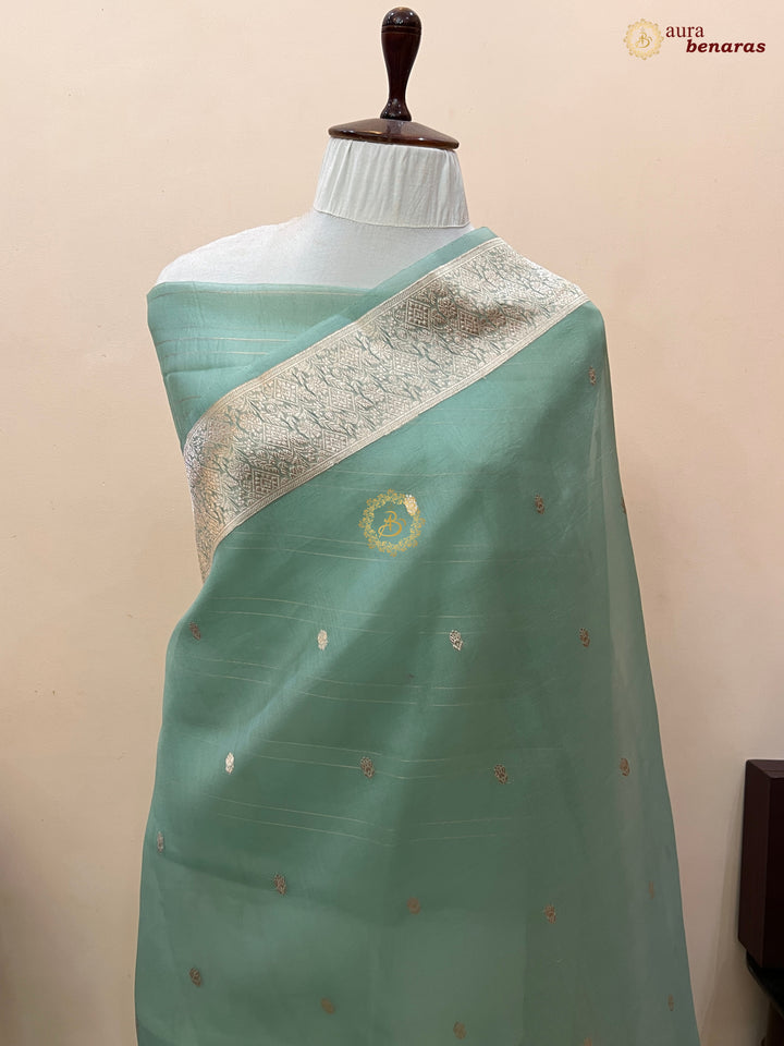 Sage Green Pure Kora Silk Handloom Banarasi Saree