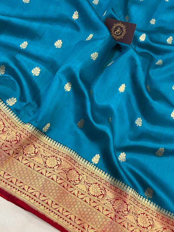 Firozi Blue Pure Banarasi Handloom Silk Saree - Aura Benaras