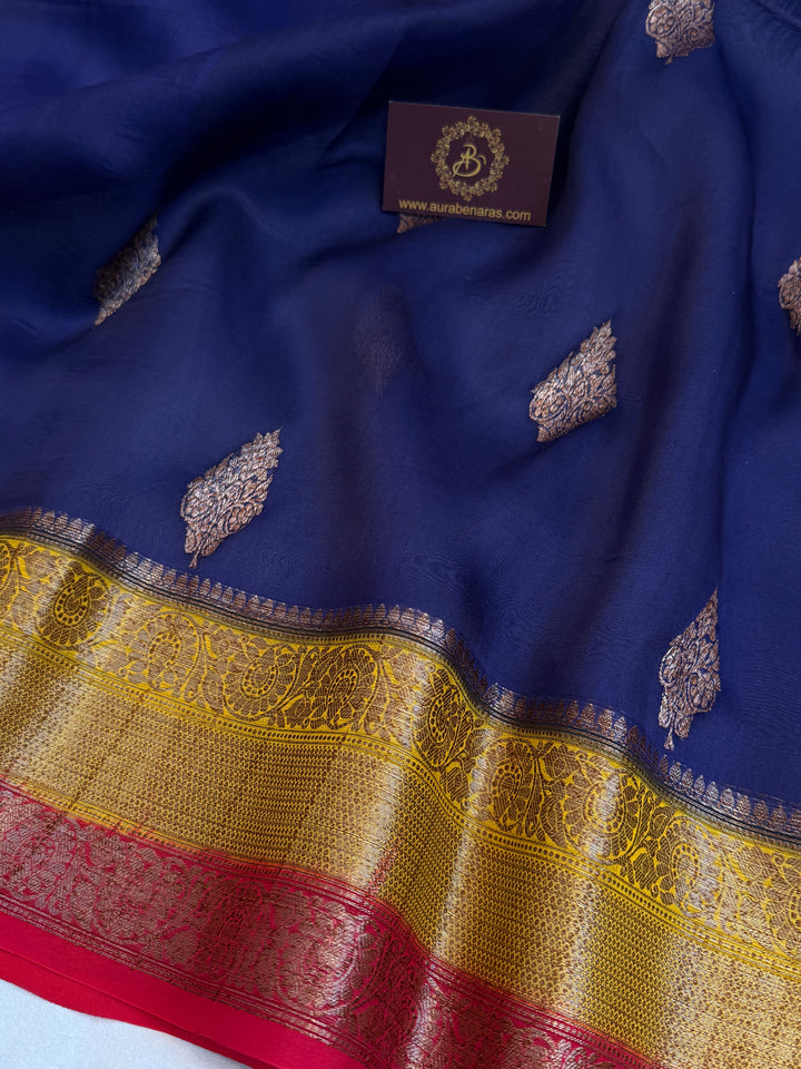 Navy Blue Pure Kora Silk Handloom Banarasi Saree