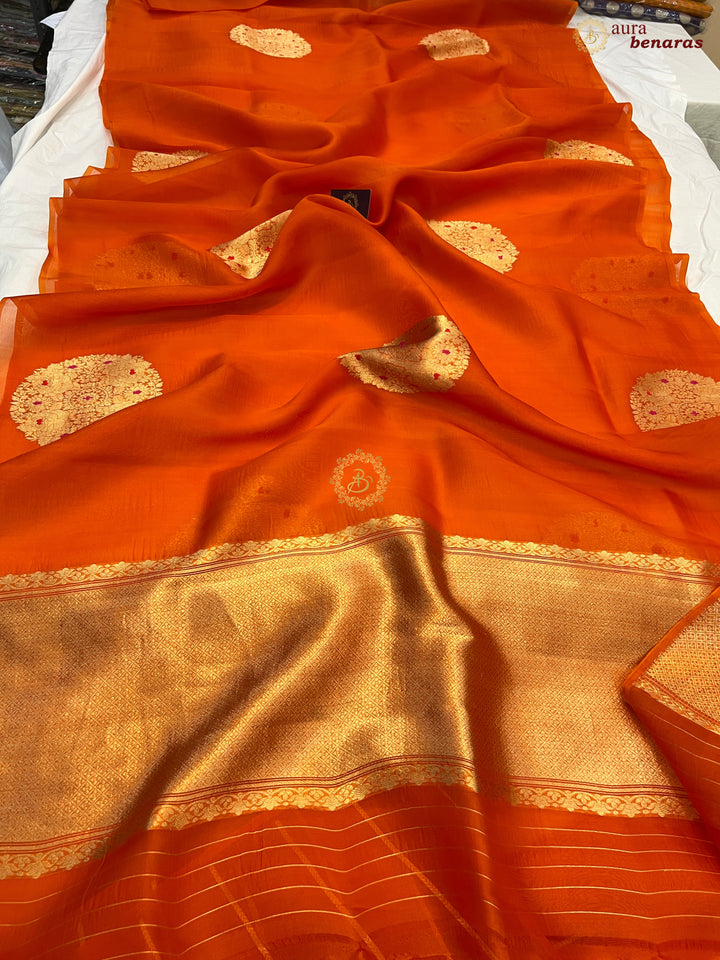 Pure Orange Banarasi Handloom Silk Saree - AuraBenaras