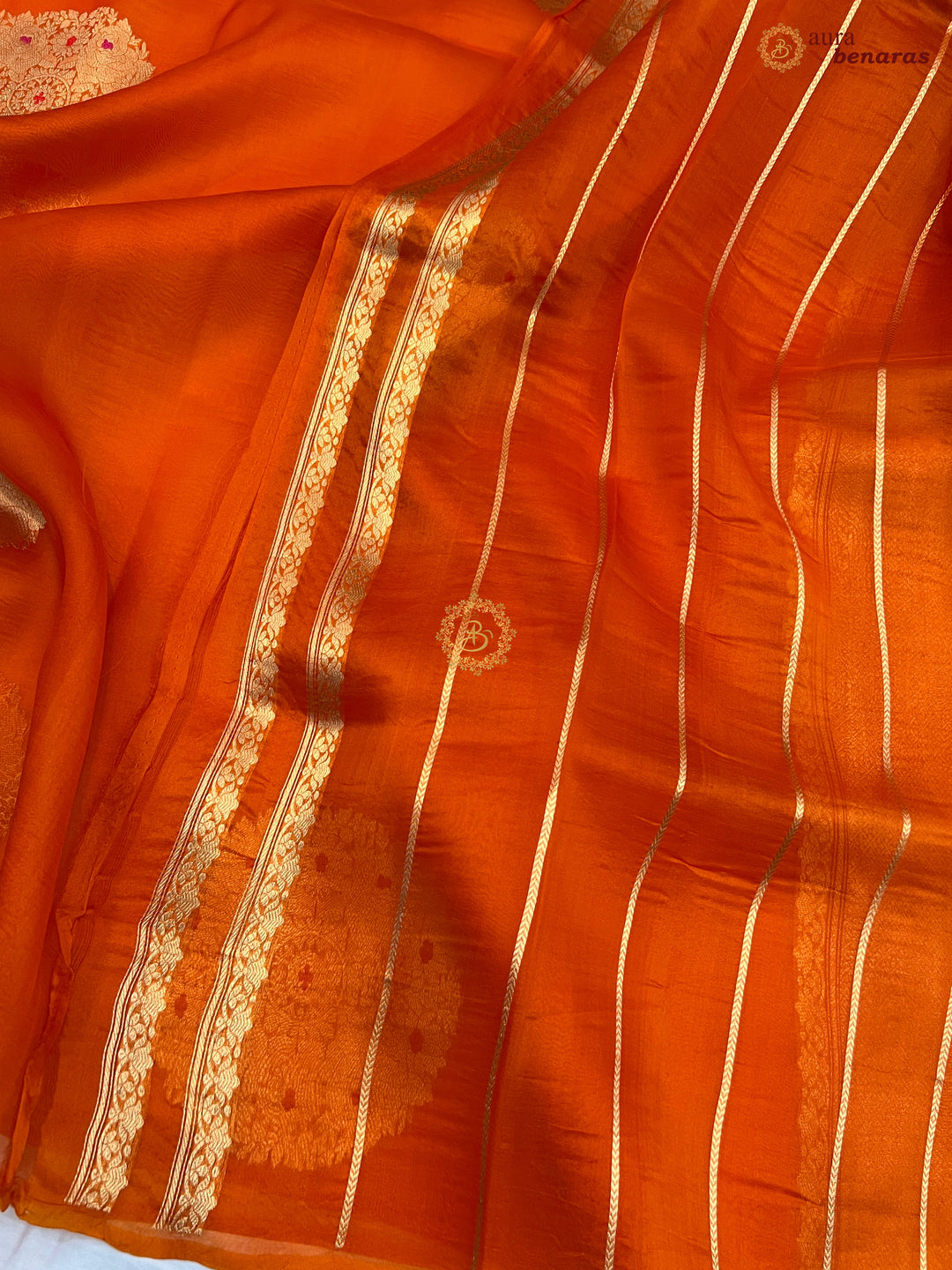  Pure Orange Banarasi Handloom Silk Saree - AuraBenaras