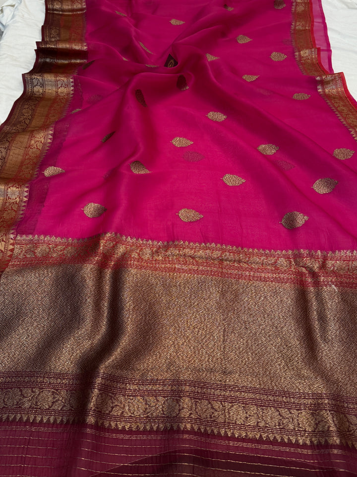 Rani Pink Pure Kora Silk Handloom Banarasi Saree