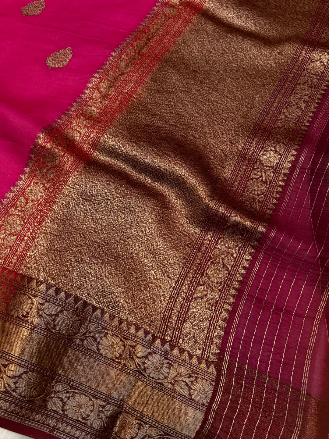 Rani Pink Pure Kora Silk Handloom Banarasi Saree