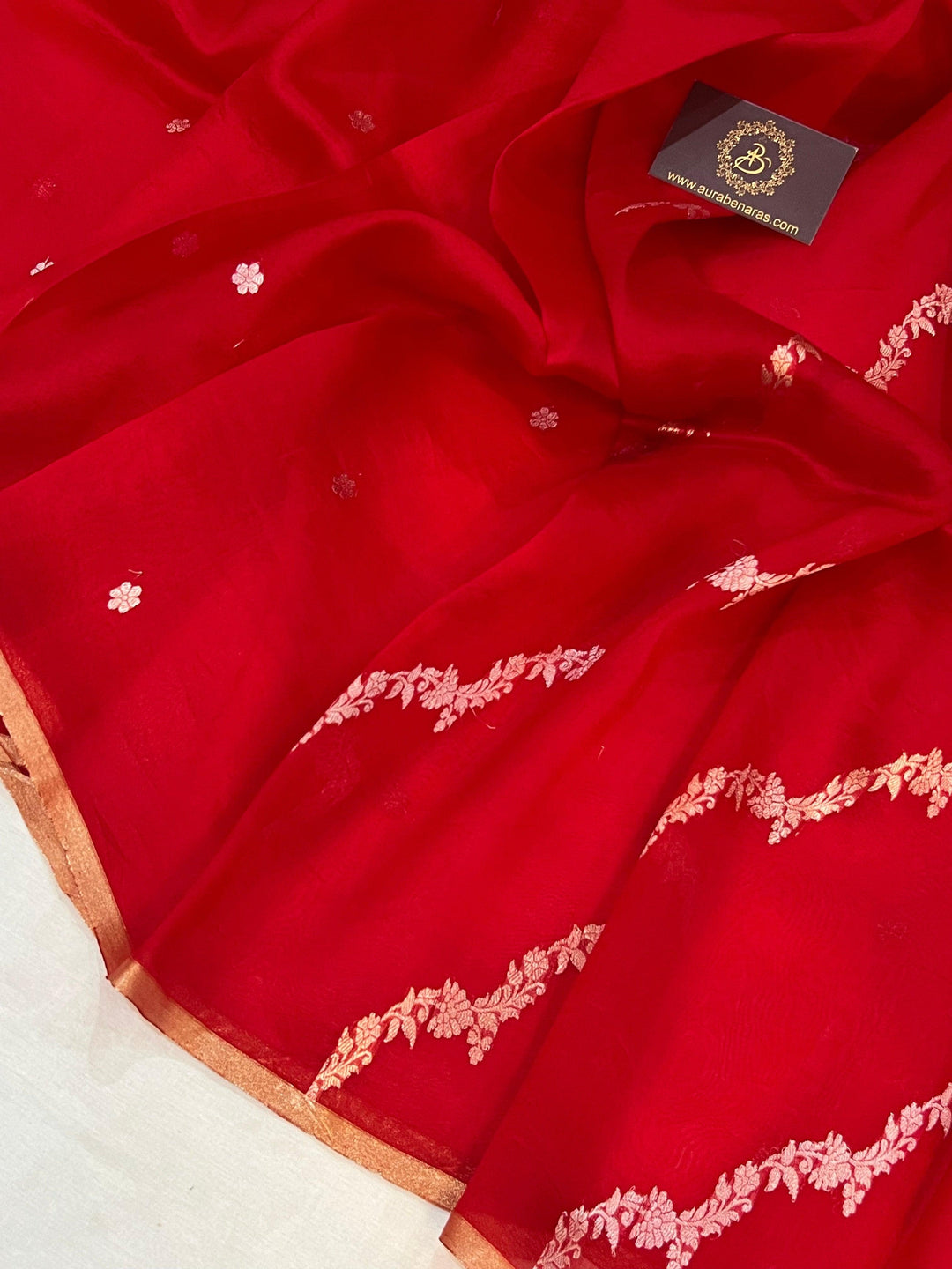 Red  Banarasi Handloom Kora Silk Saree - Aura Benaras