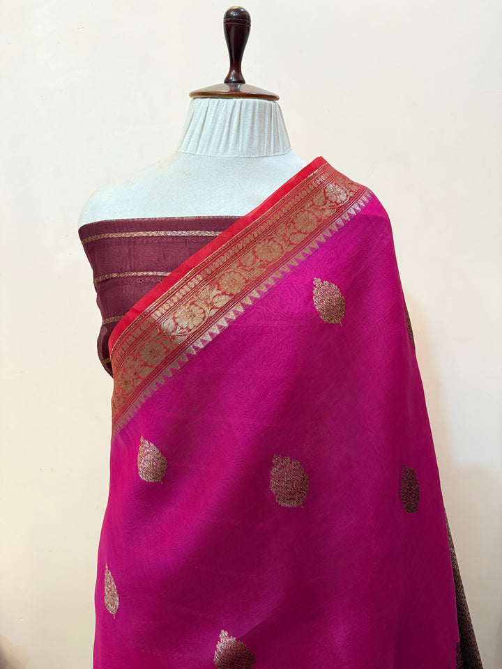 Rani Pink Pure Kora Silk Handloom Banarasi Saree