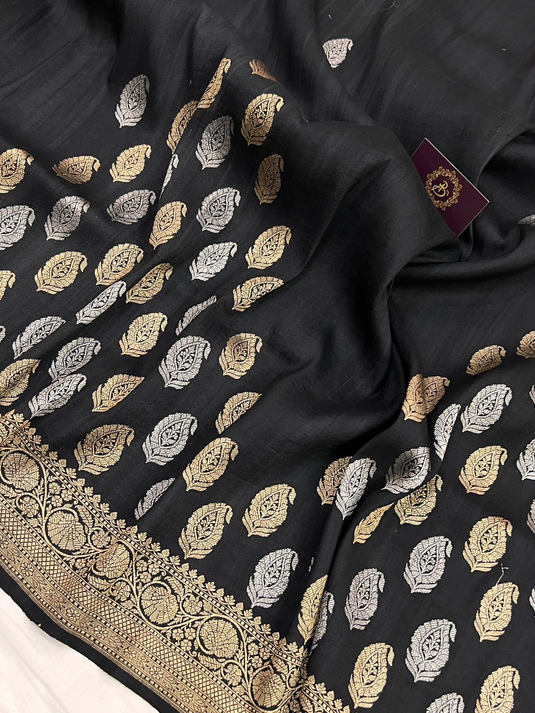 Black Pure Tussar Silk Handloom Banarasi Saree