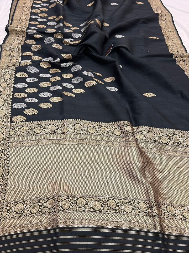 Black Pure Tussar Silk Handloom Banarasi Saree