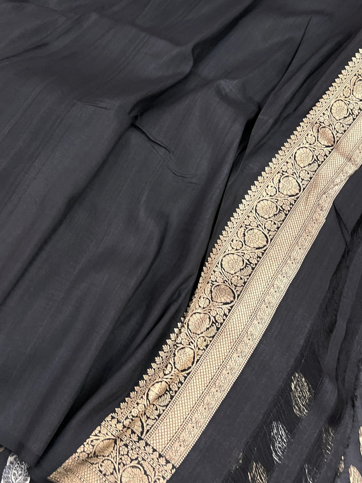 Black Pure Tussar Silk Handloom Banarasi Saree