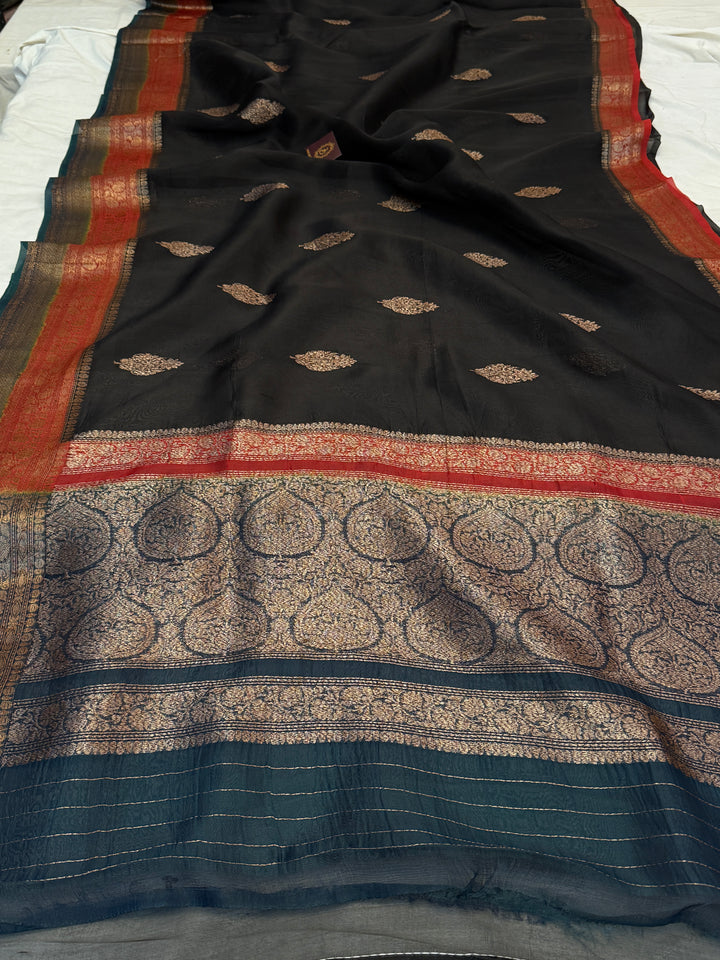 Black Pure Kora Silk Handloom Banarasi Saree