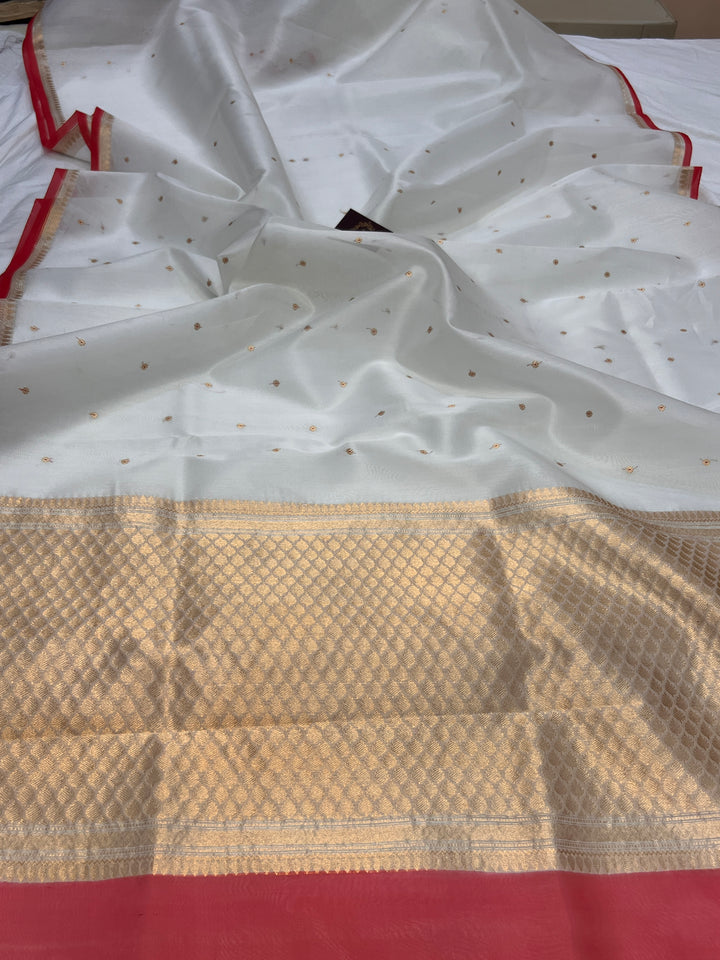 White Kora Silk Banarasi Saree with Zari Butis - AuraBenaras