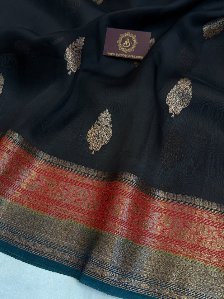 Black Pure Kora Silk Handloom Banarasi Saree