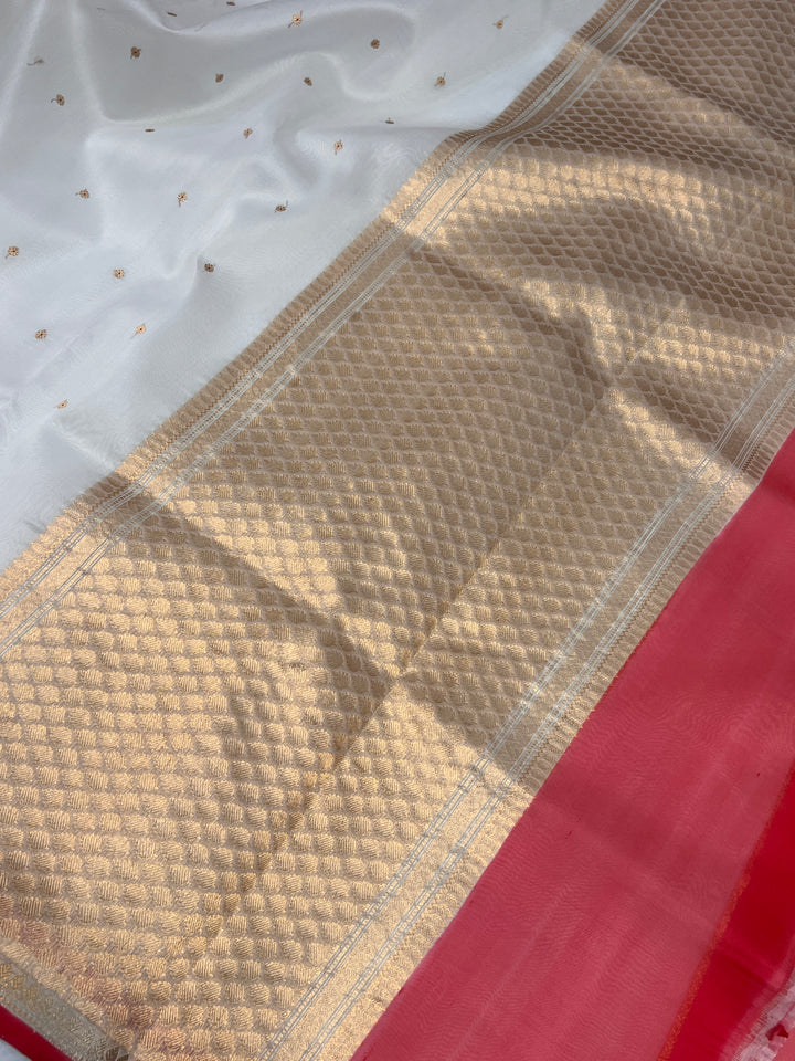 White Kora Silk Banarasi Saree with Zari Butis - AuraBenaras