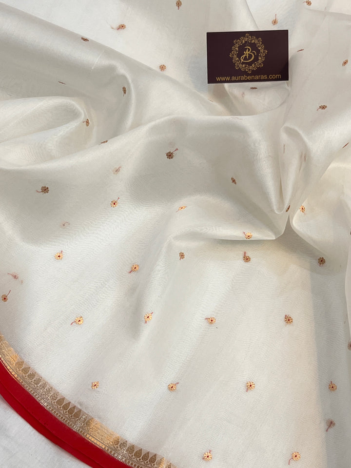 White Kora Silk Banarasi Saree with Zari Butis - AuraBenaras