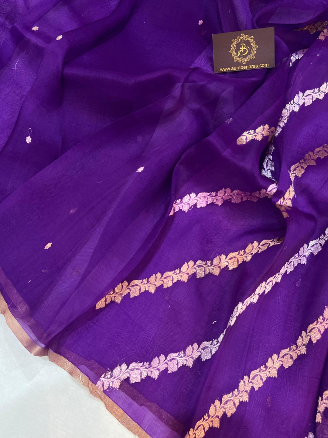 Purple Banarasi Handloom Kora Silk Saree - Aura Benaras