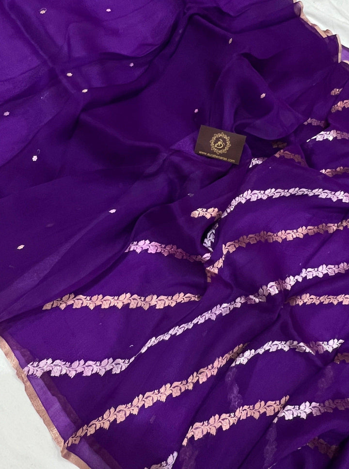 Purple Banarasi Handloom Kora Silk Saree - Aura Benaras