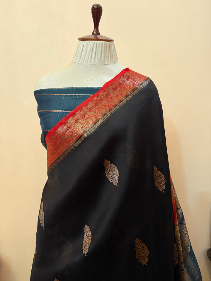 Black Pure Kora Silk Handloom Banarasi Saree