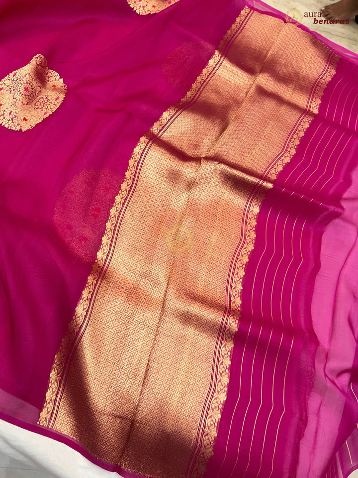  Pure Rani Pink Banarasi Handloom Silk Saree - AuraBenaras