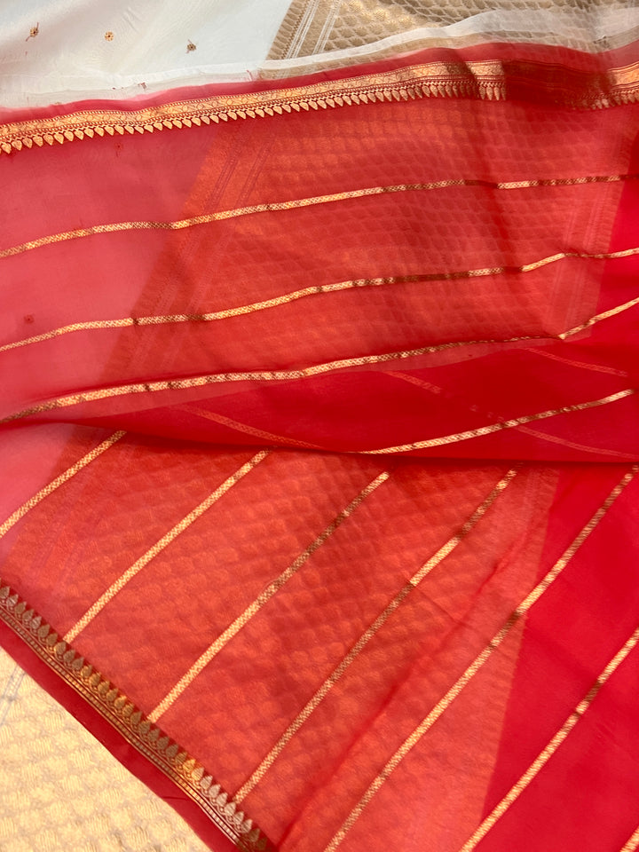 White Kora Silk Banarasi Saree with Zari Butis - AuraBenaras