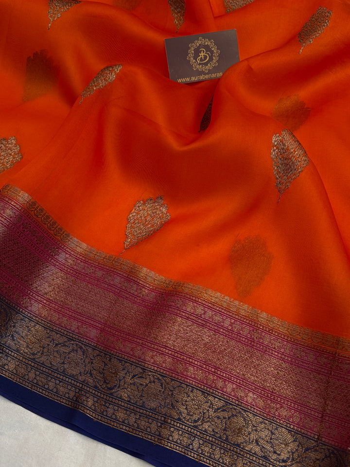 Orange Pure Kora Silk Handloom Banarasi Saree