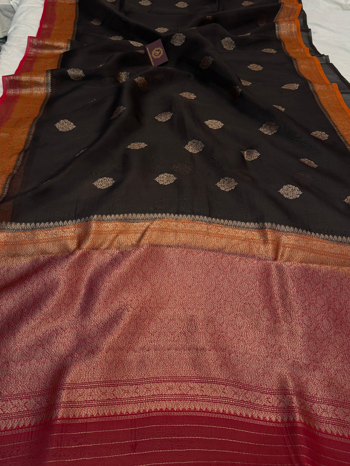 Black Pure Kora Silk Handloom Banarasi Saree