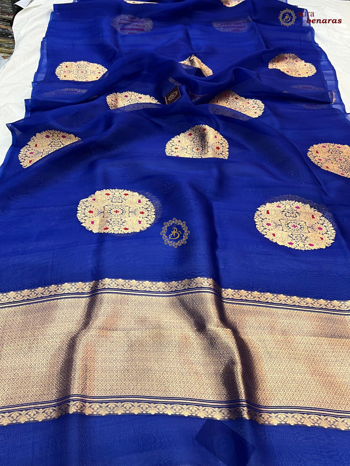  Pure Royal Blue Banarasi Handloom Silk Saree - AuraBenaras