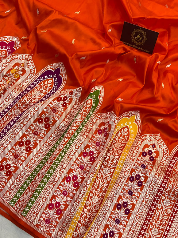 Pre Order :: Orange Pure Katan Silk Handloom Banarasi Saree