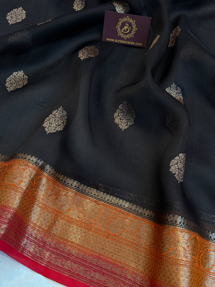 Black Pure Kora Silk Handloom Banarasi Saree