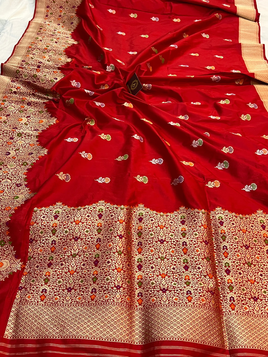 Red Katan Silk Saree with Kadhwa Meenakari Buti & Border