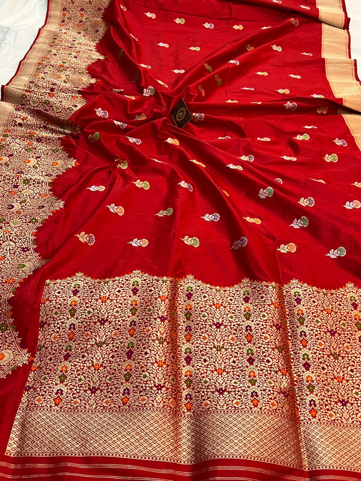 Red Katan Silk Saree with Kadhwa Meenakari Buti & Border