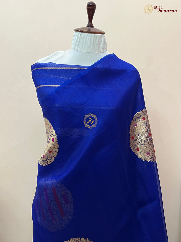  Pure Royal Blue Banarasi Handloom Silk Saree - AuraBenaras