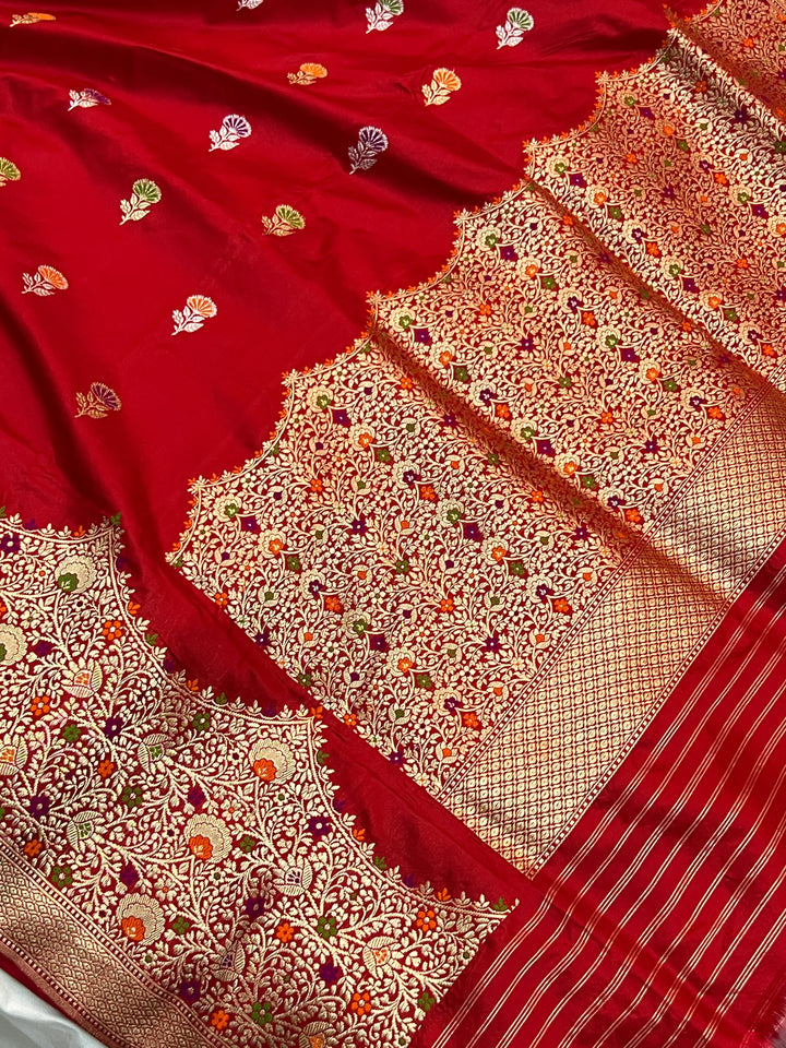 Red Katan Silk Saree with Kadhwa Meenakari Buti & Border