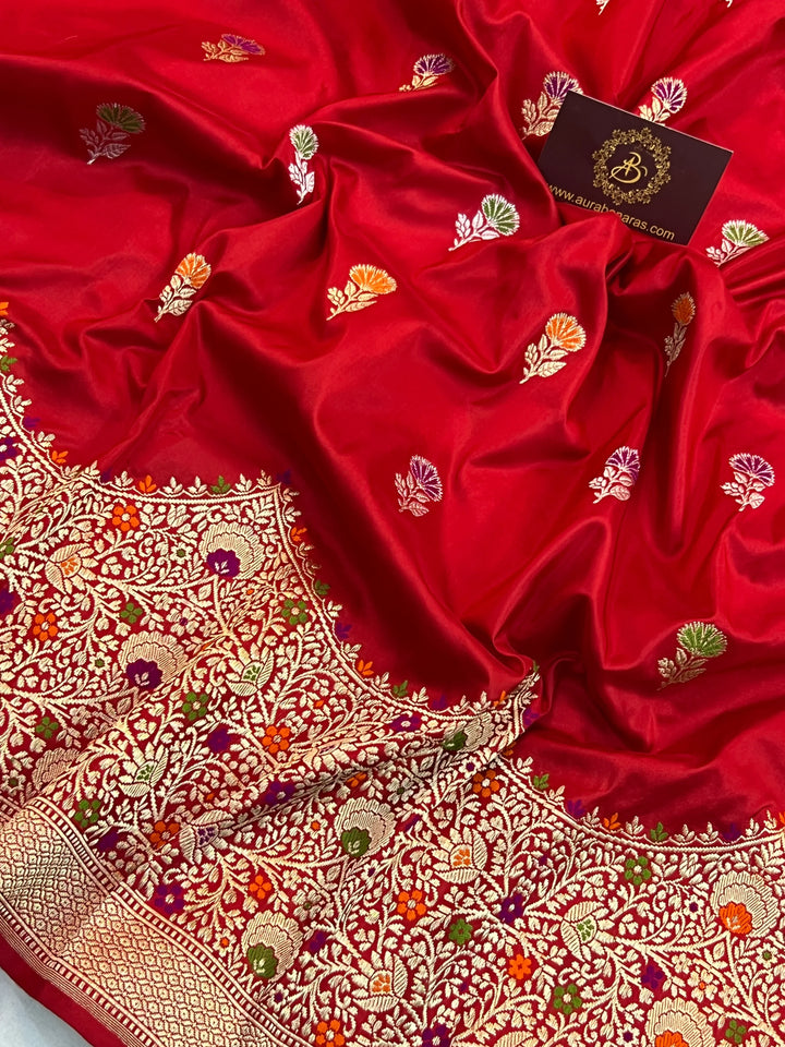 Red Katan Silk Saree with Kadhwa Meenakari Buti & Border