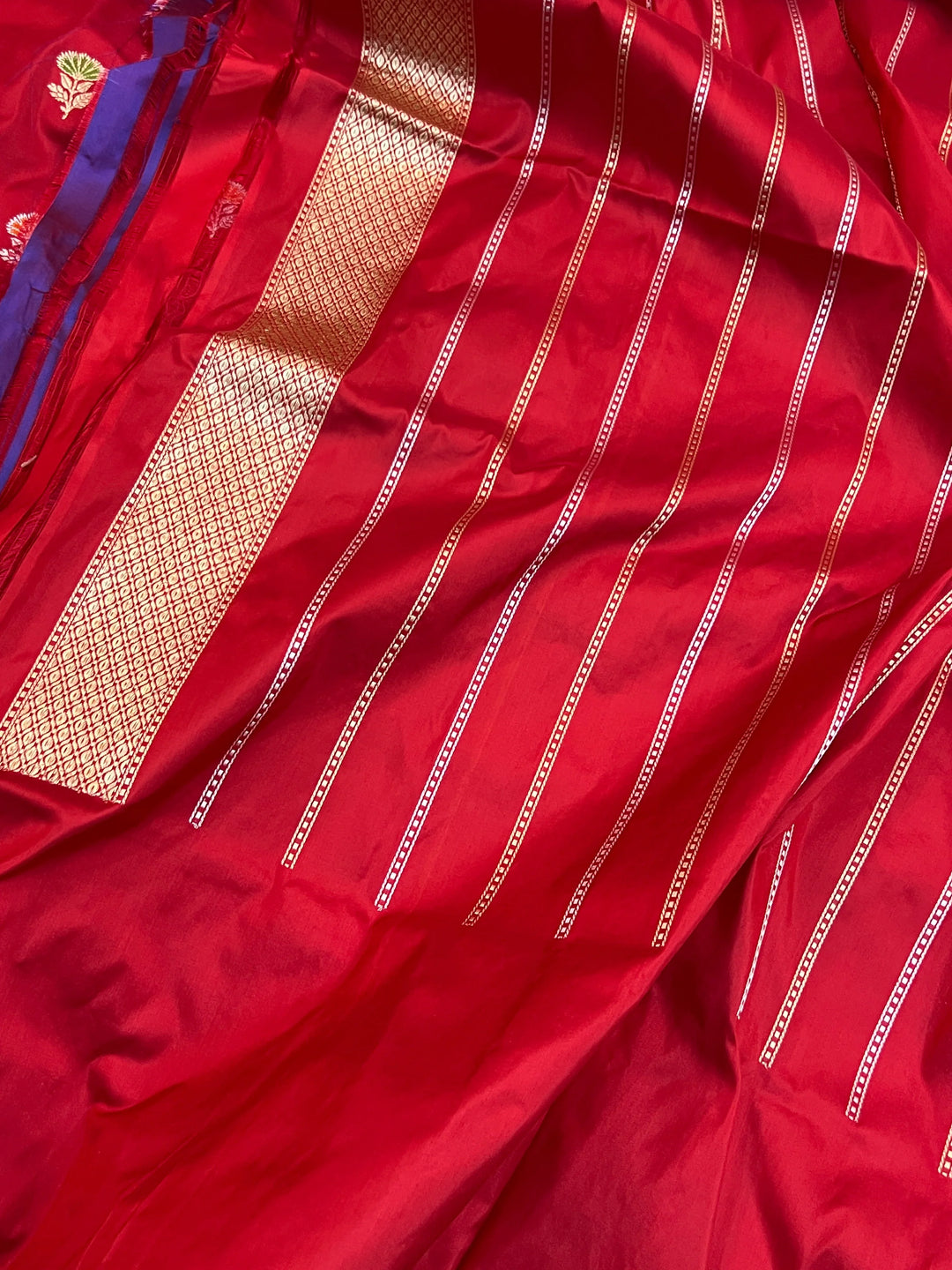 Red Katan Silk Saree with Kadhwa Meenakari Buti & Border