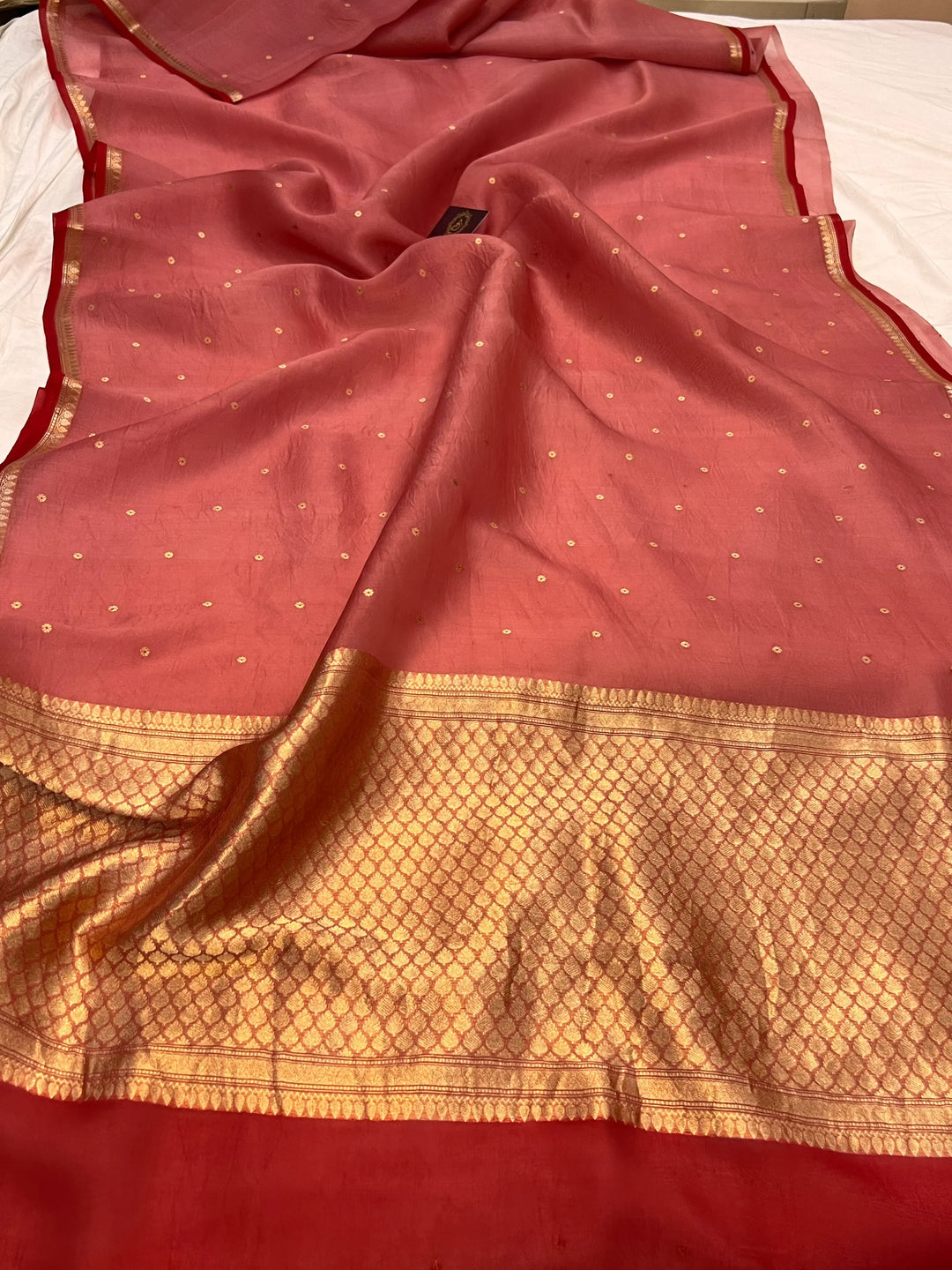 Rose Pink Kora Silk Banarasi Saree with Zari Butis 