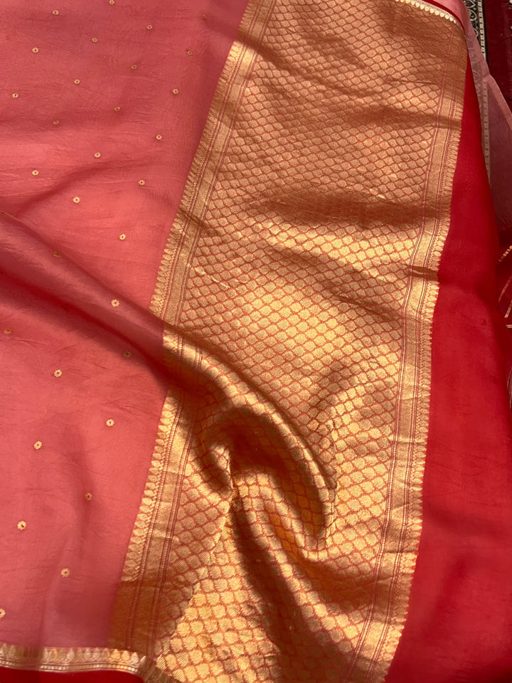 Rose Pink Kora Silk Banarasi Saree with Zari Butis 