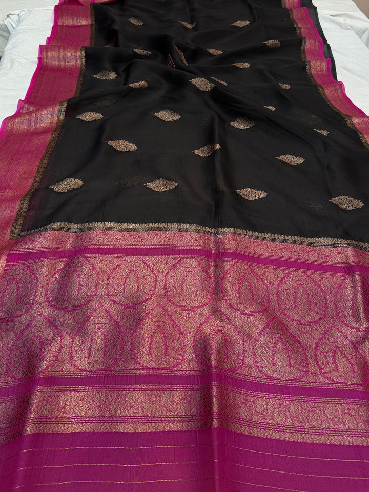 Black Pure Kora Silk Handloom Banarasi Saree