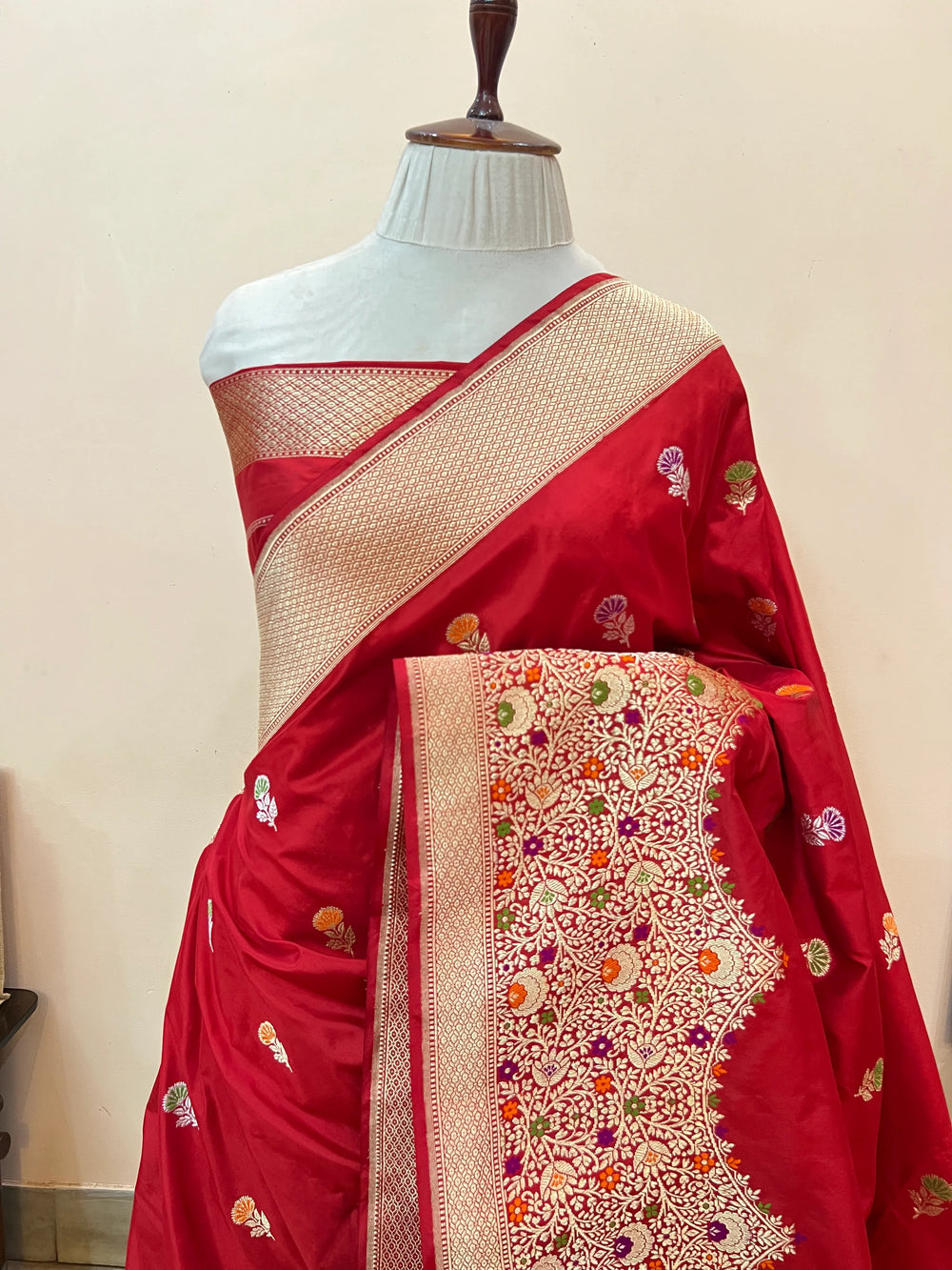 Red Katan Silk Saree with Kadhwa Meenakari Buti & Border