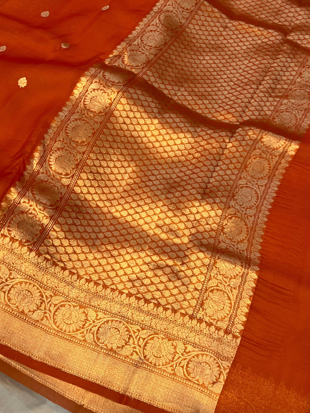 Earthy Orange Banarasi Handloom Kora Silk Saree - Aura Benaras