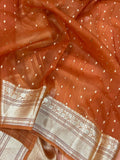Rust Orange Pure Banarasi Handloom Kora Silk Saree - Aura Benaras