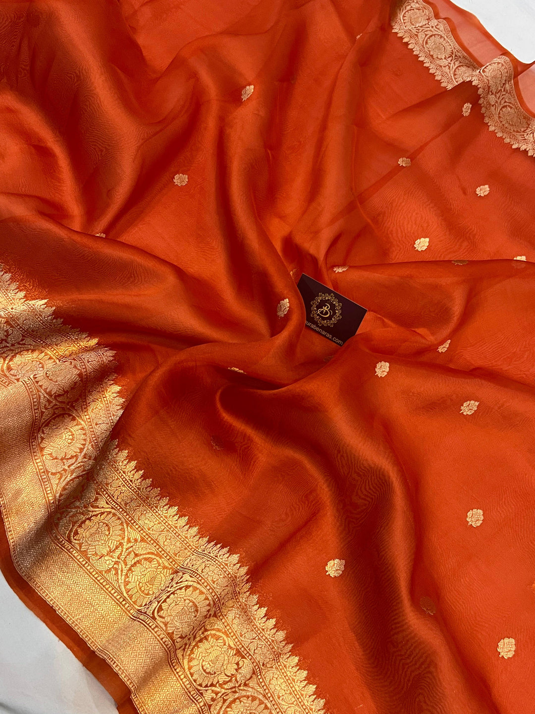 Earthy Orange Banarasi Handloom Kora Silk Saree - Aura Benaras